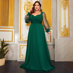 Plus Size Prom Evening Dress Diamond Collar Embroidered Mesh Long Sleeve Backless Fall Dress