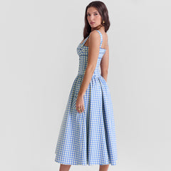 Pastoral Mid Length Blue Plaid Sling Dress High Sense Vacation Dress