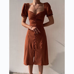 V-neck Single-Breasted Elegant Midi Dress