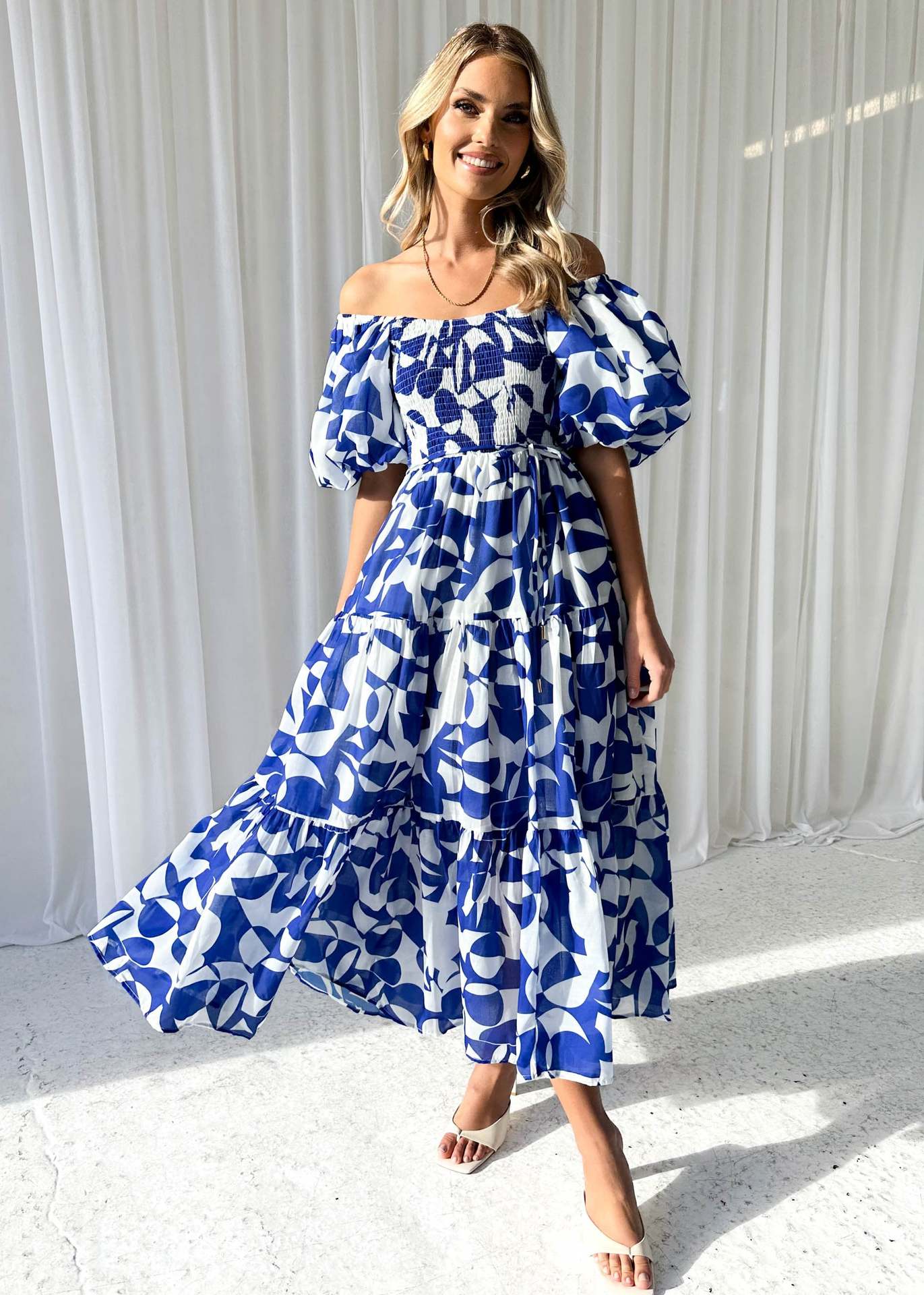 Elegant Floral Print off Shoulder Puff Sleeve