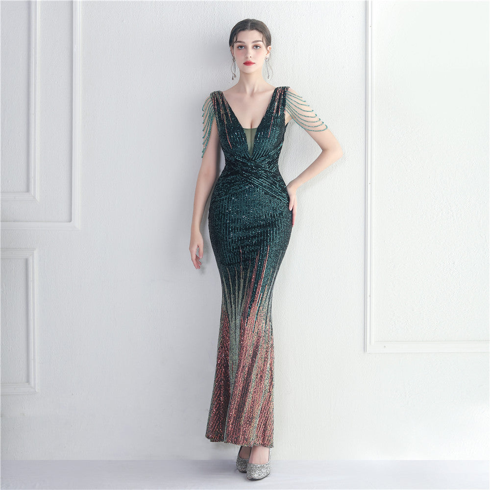 Craft Beaded Sequined Car Model Exhibition Host Dinner Long Evening Dress Fishtail Dress