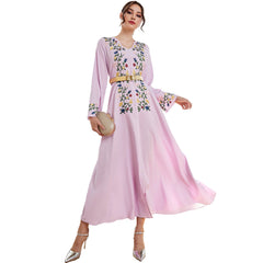 Middle East Muslim Dress Fall V neck Embroidered Slim Dress with Belt