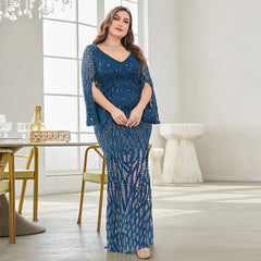 Vestido de noche ajustado con escote en V profundo y manga larga, talla grande, para cóctel o fiesta