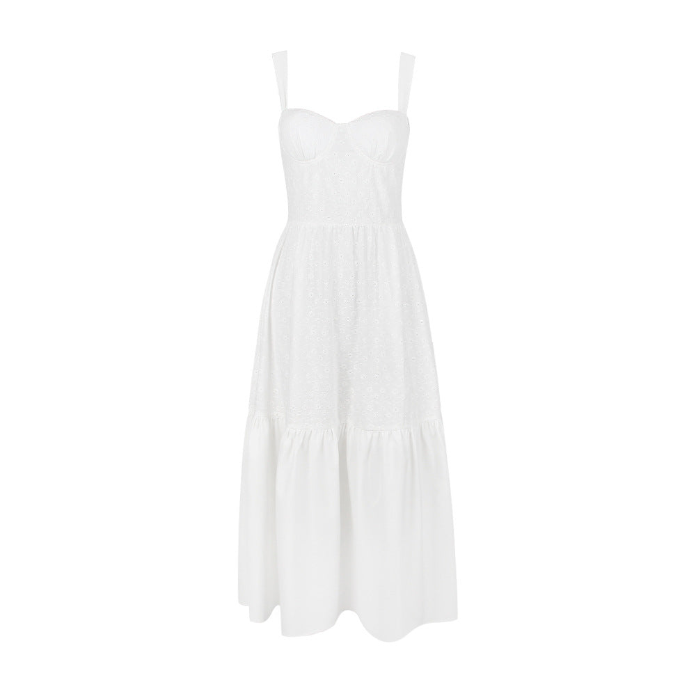 Cami Dress Cotton Linen Jacquard Mid Length Dress White Dress for Sweet Spicy