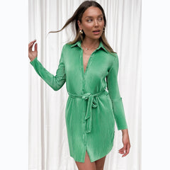 Solid Color Pleated Single Breasted Shirt Dress