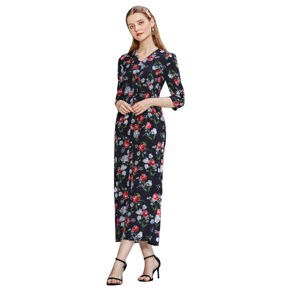 V neck Shirt Sleeve Printing High Waist Long Casual Dress