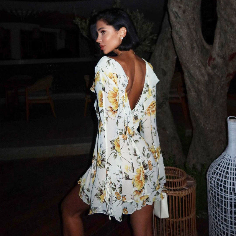 V neck Printed Lace up Long Sleeve Dress
