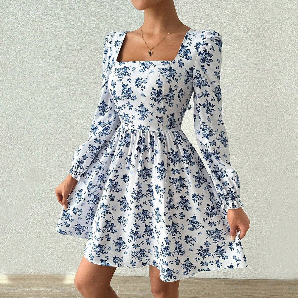 French Square Collar Elegant Dress  High Waist Backless Lace up Floral