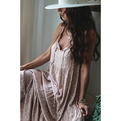 Vestido largo holgado con tirantes, capas y cordones, estampado floral