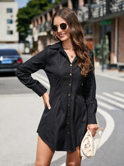 Single Row Button Short Dreess Long Sleeve Dress