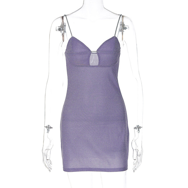 Socialite Wrapped Chest Stitching Hollow Out Cutout Bright Silk Strap Dress