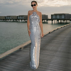 Silver Paillette Dress High Grade Light Luxury Evening Dress Bride Toast Dress Backless