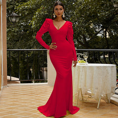 Vestido de noche elegante estilo Hepburn con escote en V y manga larga para dama