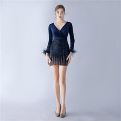 Ostrich Feather Sequin Velvet Stitching Hip Long Sleeve Short Nightclub Dress