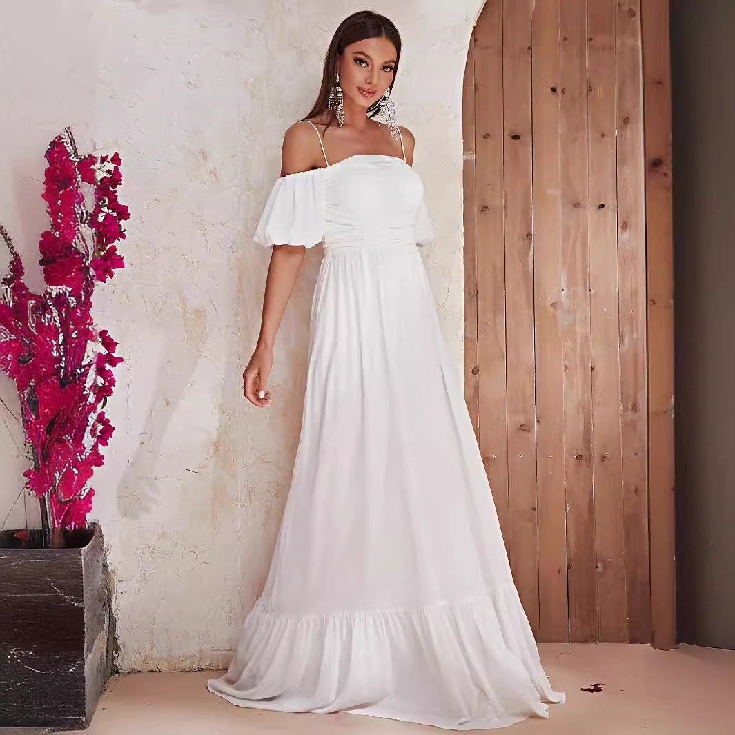 Off Shoulder White Maxi Dress Short Sleeve Prom Evening Dress Long Casual Holiday Dress
