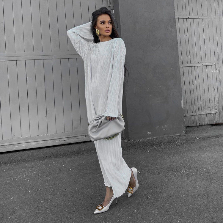 Dress Pleated round Neck Long Sleeve Solid Color Loose Maxi Dress Slimming Casual