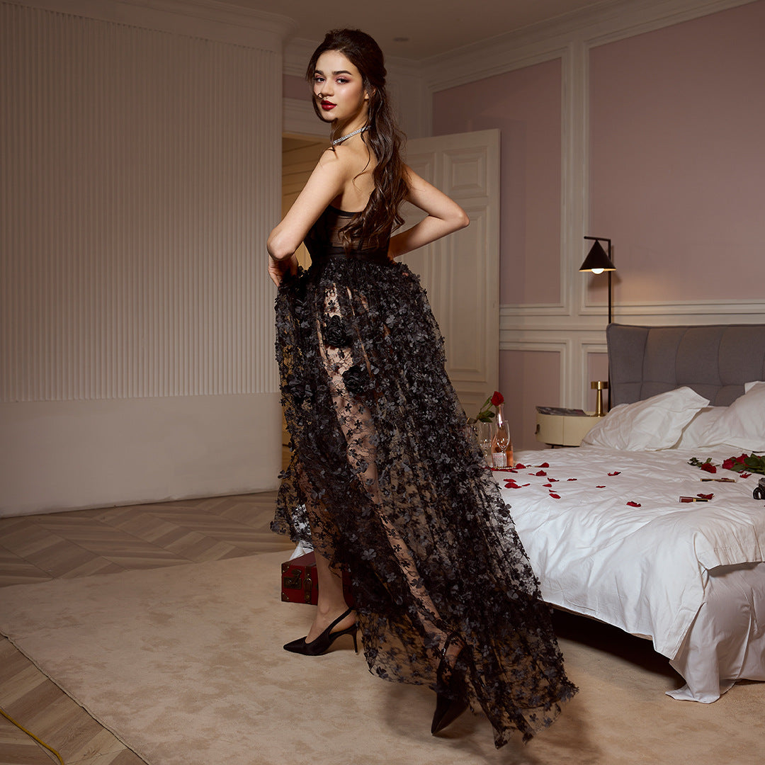 Black Lace See through Dress Tube Top Design Party Dinner Dress