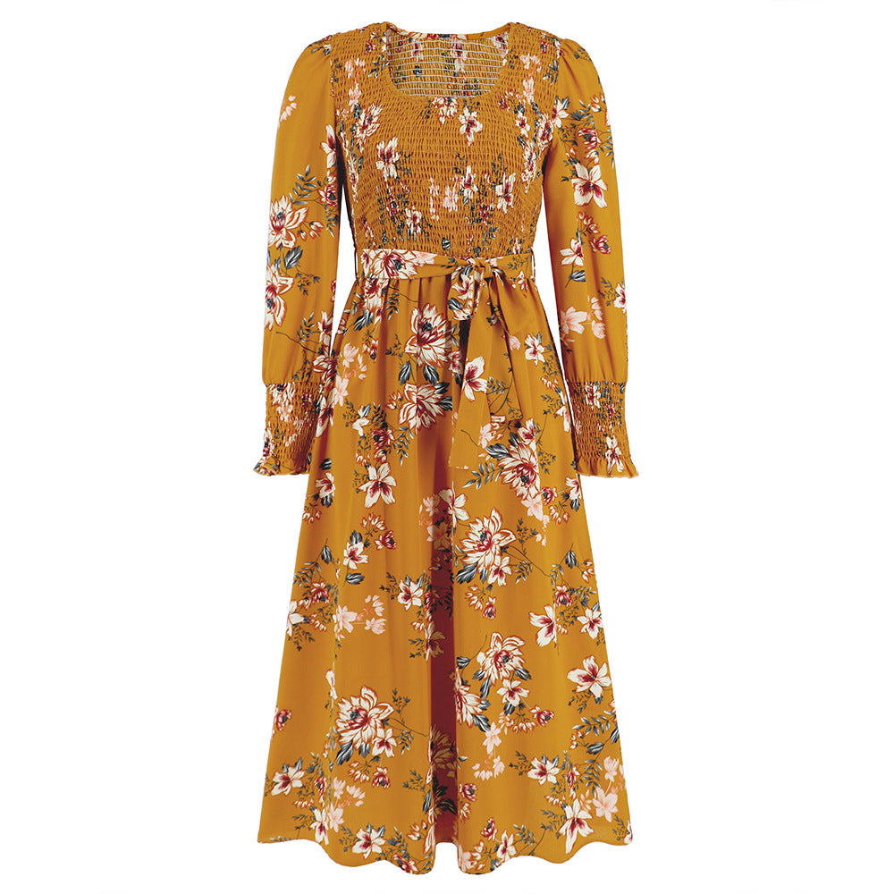 Fall Retro Long Sleeve Smocking Floral Mid Length round Neck Dress Popular