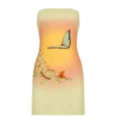 Sleeveless Strapless Dress Butterfly Floral Print Hip Dress