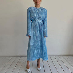 Long Sleeved Belt Pleated Dress Office High Sense Loose Maxi Dress