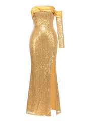 Simple Tube Top Sequined One Shoulder Side Slit Dress