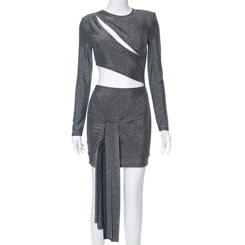 Solid Color Long Sleeve Hollow Out Cutout Dress