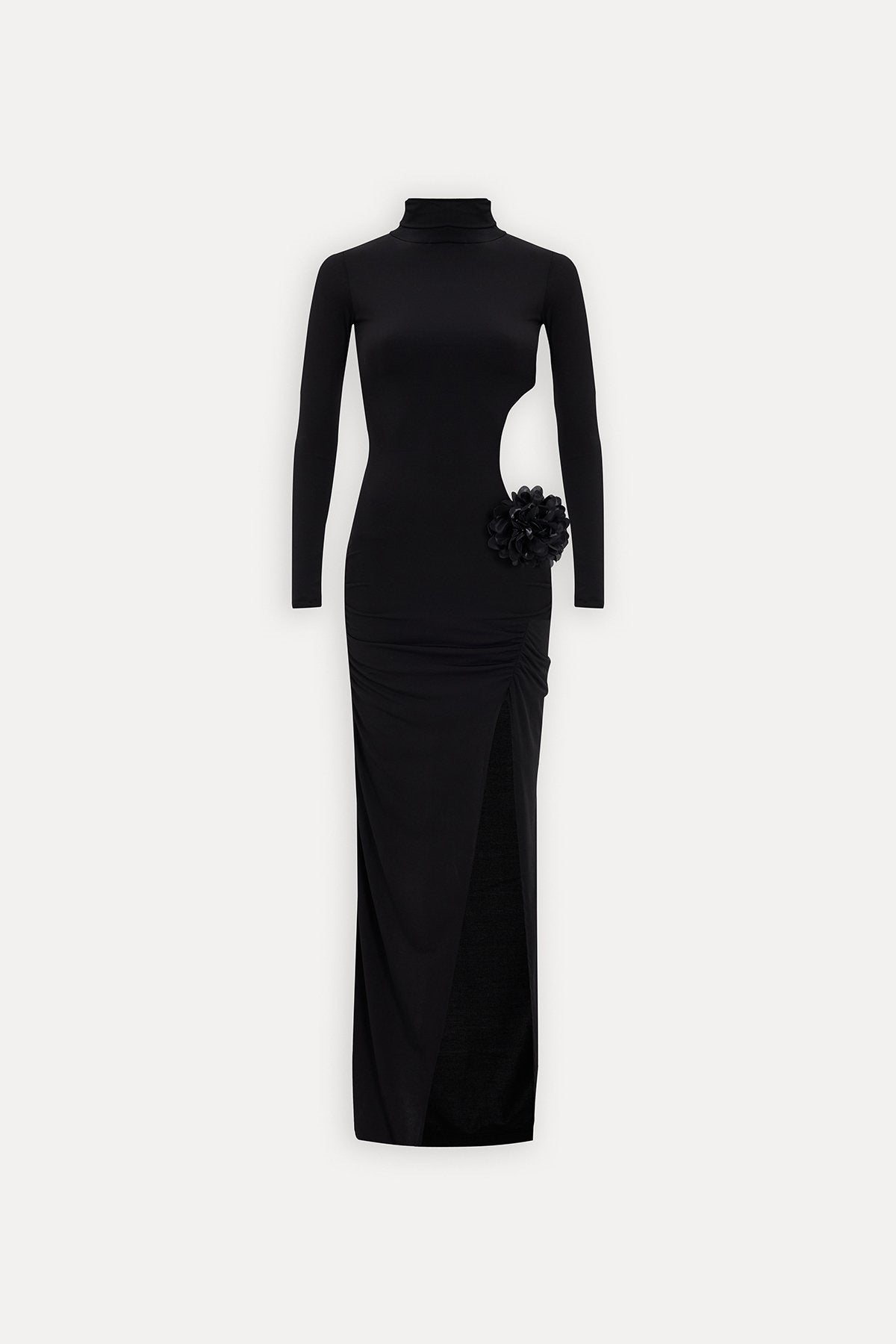 Vestido de noche elegante con cuello alto y estampado floral tridimensional, estilo socialite, con aberturas y cortes.