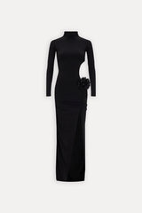 Vestido de noche elegante con cuello alto y estampado floral tridimensional, estilo socialite, con aberturas y cortes.
