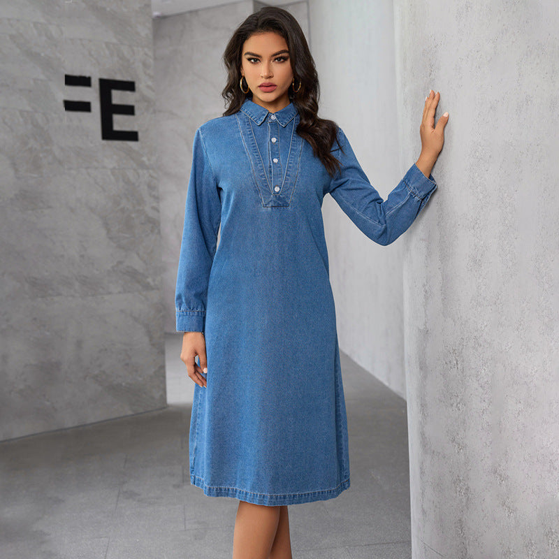 Vestido midi de mezclilla de manga larga, elegante, retro, con cuello chino