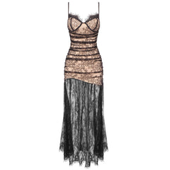 Vestido de noche largo sin mangas con tirantes finos y encaje plisado negro
