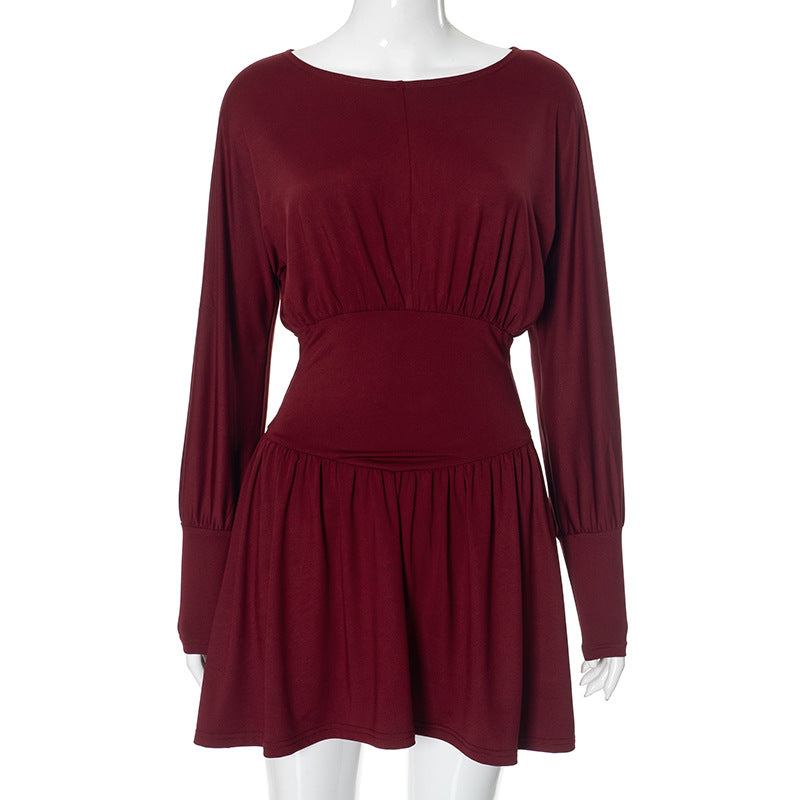 Vestido corto plisado ajustado con cintura de manga larga retro de color sólido