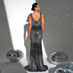 Vestido de cóctel elegante sin mangas con tirantes largos y lentejuelas con escote en V para dama de honor