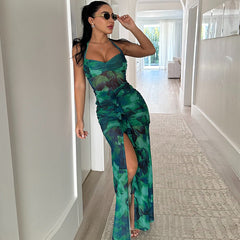 Printing Dress Sleeveless Halter Backless Slit Casual Dress