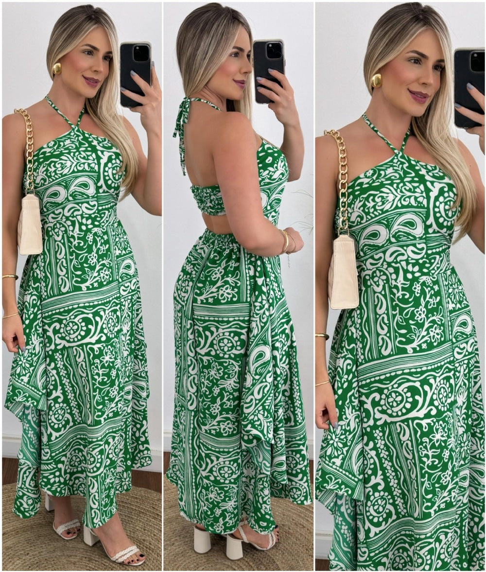 Vestido de tirantes finos con cuello halter y estampado digital personalizado para vacaciones en el sudeste asiático