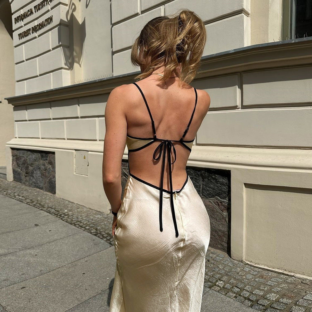 Dress Contrast Color Slim Fit Backless Halterneck with Suspenders Hip Dress