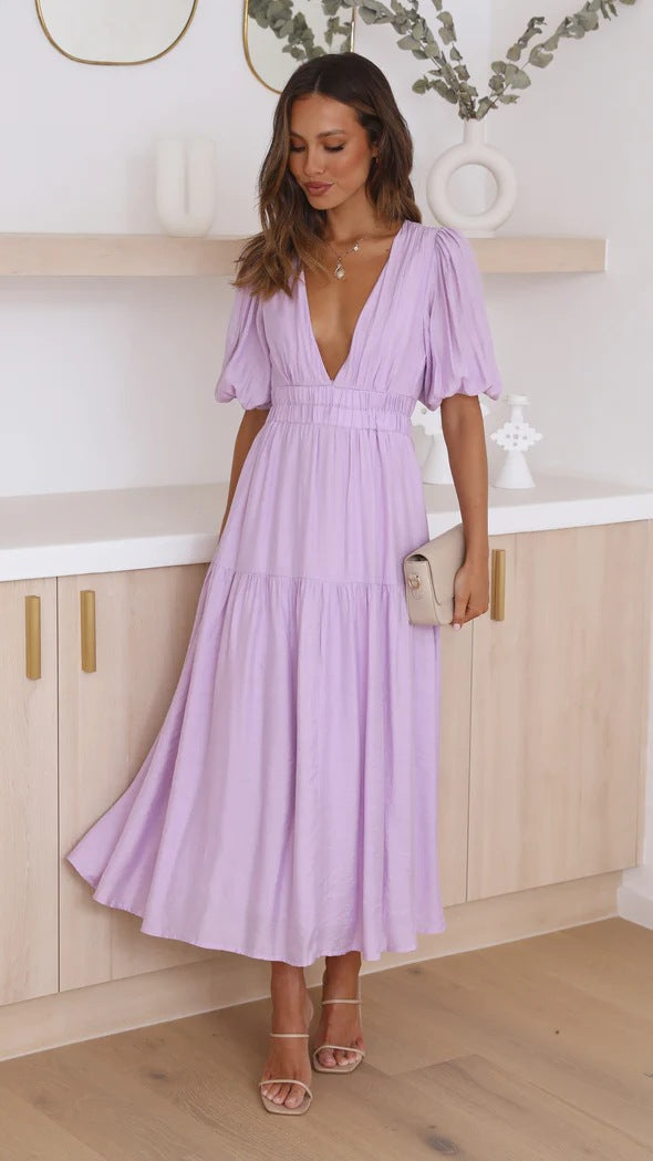 Casual Trends V neck Tight Waist Mid Length Dress