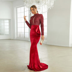 Long Sleeved Sequined round Neck Annual Party Party Evening Dress Bridesmaid Dress for