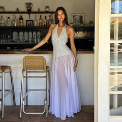 Personality Polka Dot Self Tie Halter V neck Backless Dress