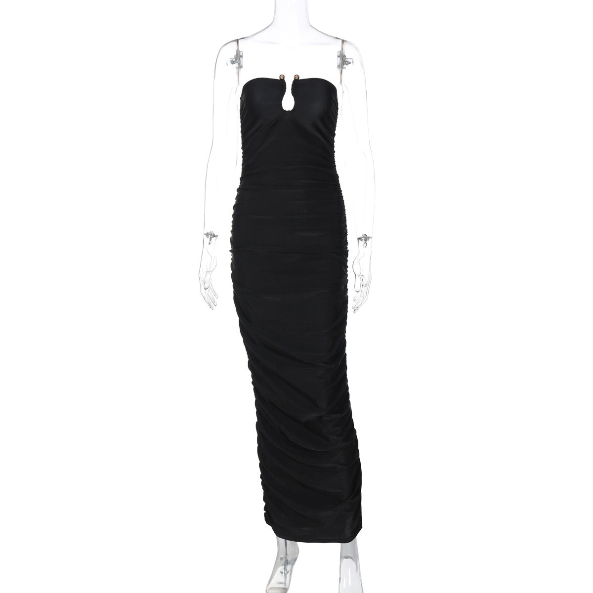 Vestido plisado ajustado con escote en V en la espalda de color liso