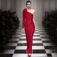 Vestido formal rojo navideño tridimensional con un solo hombro floral y lentejuelas, vestido elástico de invierno