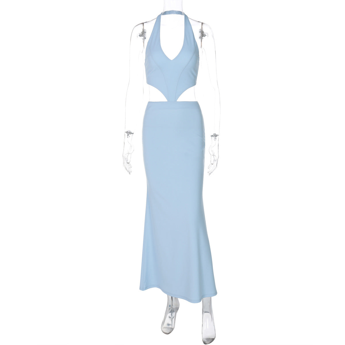 Low Cut V neck Halter Faux Two Pieces Backless Lace up Dress