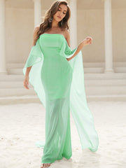 Strapless Short Sleeve Formal Elegant Lace Slim Bodycon Maxi Dress