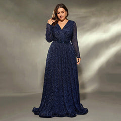 Plus Size Evening Cocktail Host Gorgeous Queen Long Sleeve Sequin Model Elegant Dress