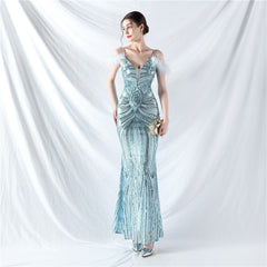 Dress Craft Order Ostrich Feather Positioning Floral Sequin Evening Dress