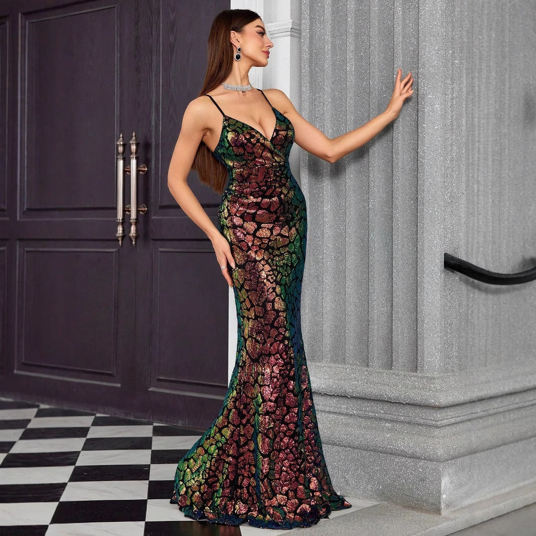 Vestido de noche con escote en V y tirantes, vestido elegante de cola de pez para fiesta anual, anfitrión de fiesta formal