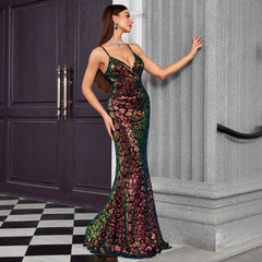 Vestido de noche con escote en V y tirantes, vestido elegante de cola de pez para fiesta anual, anfitrión de fiesta formal