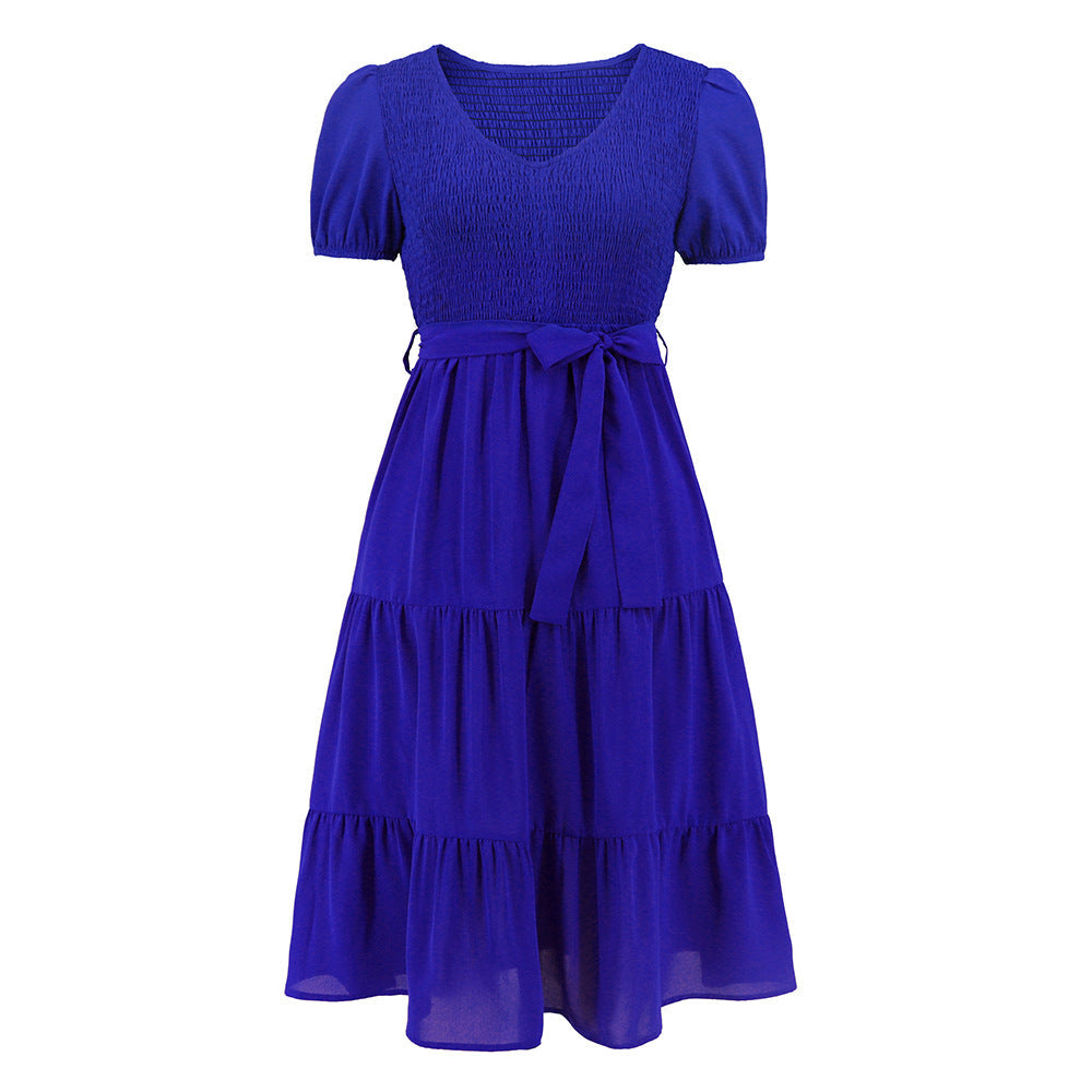 round Neck Short Sleeve Slim Fit Large Swing Stitching Tiered Dress Casual Dress