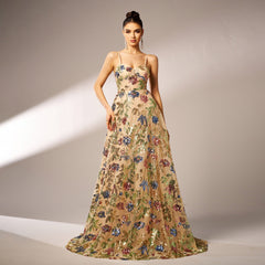Elegante vestido de cóctel de alta clase, sin mangas, con cuello al descubierto y tirantes, con lentejuelas y vuelo grande para noche.