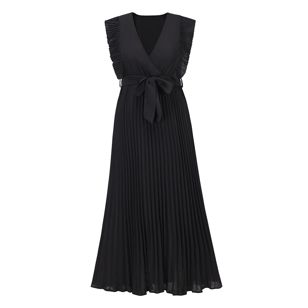Elegant Beach DressSlim Fit Ruffle Sleeve Chiffon Pleated Solid Color Dress