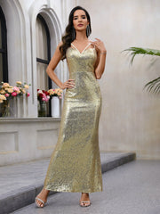 Sequined Suspender Maxi Dress Backless Waist Trimming Dress Small Dress
